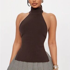 FASHION NOVA Next To You Sweater Halter Top - Chocolate